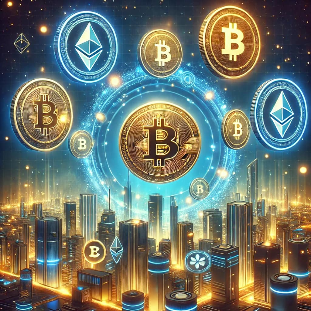 A futuristic digital cityscape showcasing Bitcoin at the center and various altcoins orbiting around it—symbolizing the expanding universe of cryptocurrency.