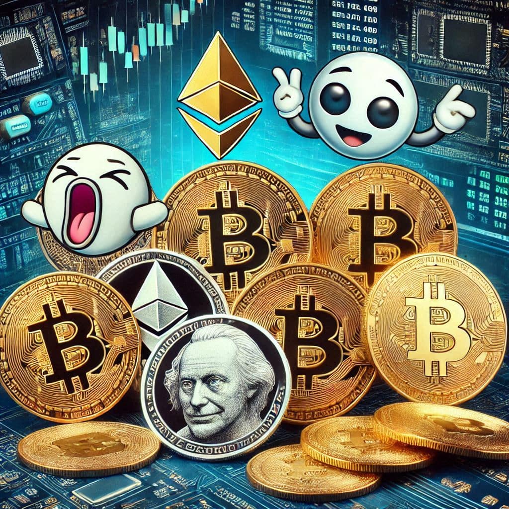 various cryptocurrency coins including Bitcoin, Ethereum, and recent meme coins with a digital background