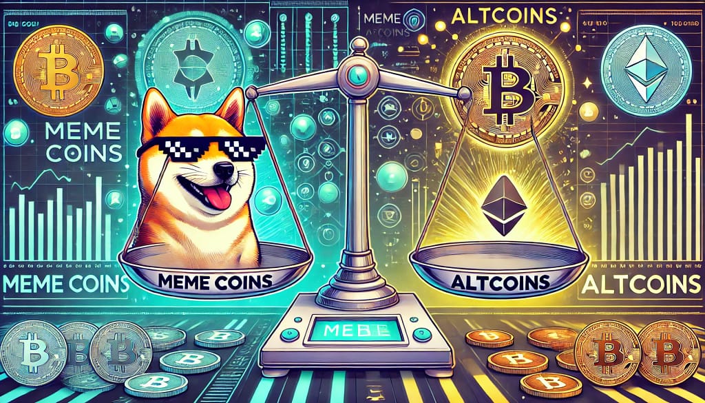 A visually engaging digital illustration comparing meme coins and altcoins in the cryptocurrency space.